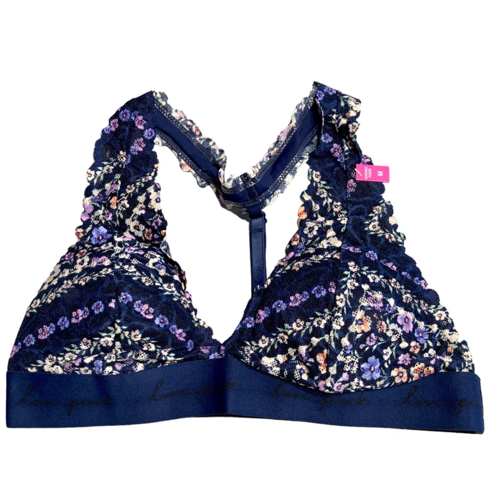 PINK Victoria’s Secret Blue Floral Lace Halter Bralette Size S